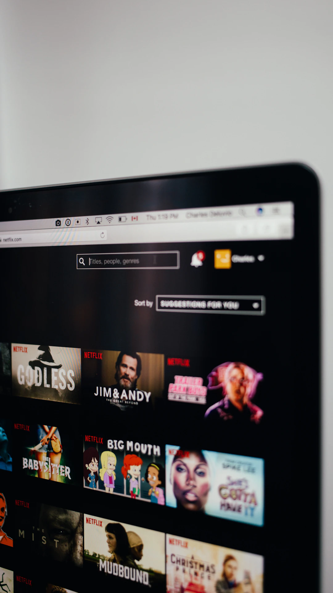 computer monitor displaying the Netflix selection screen