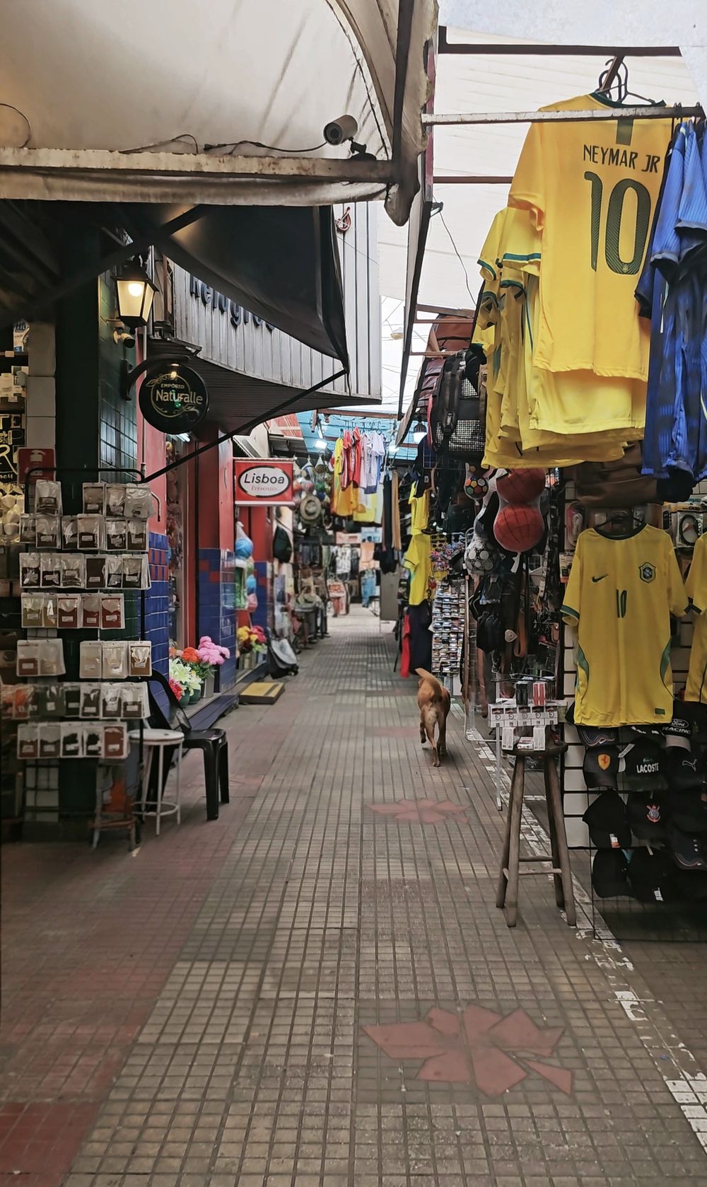 Vibrant street market showcasing sports jerseys, clothing, and souvenirs in an open-air setup.